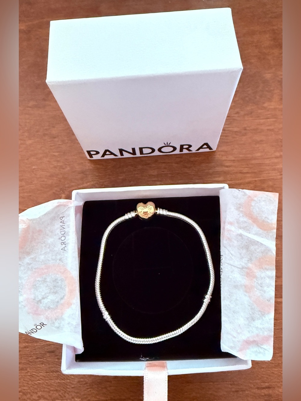 Pandora Two-Tone Heart Clasp Snake Chain Bracelet - Silver & Gold 8.3”